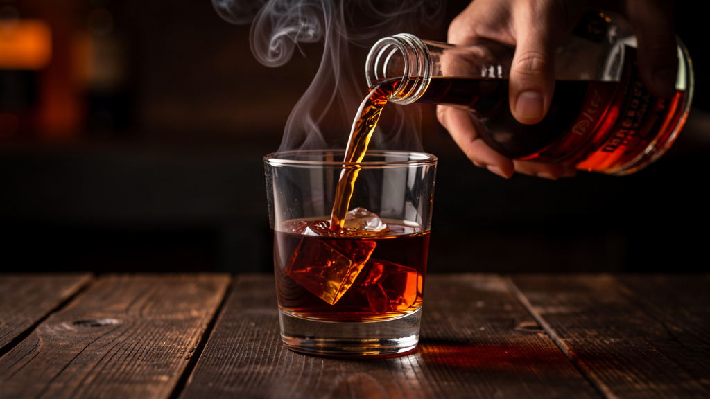 Dark rum pour with warm amber light