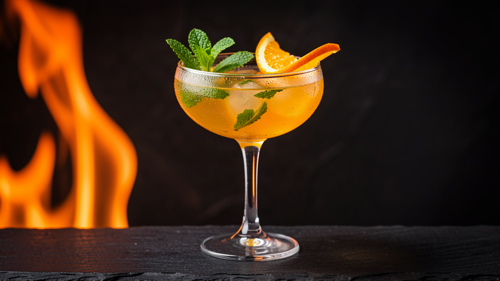 Fresh citrus and herb cocktail on a dark bar