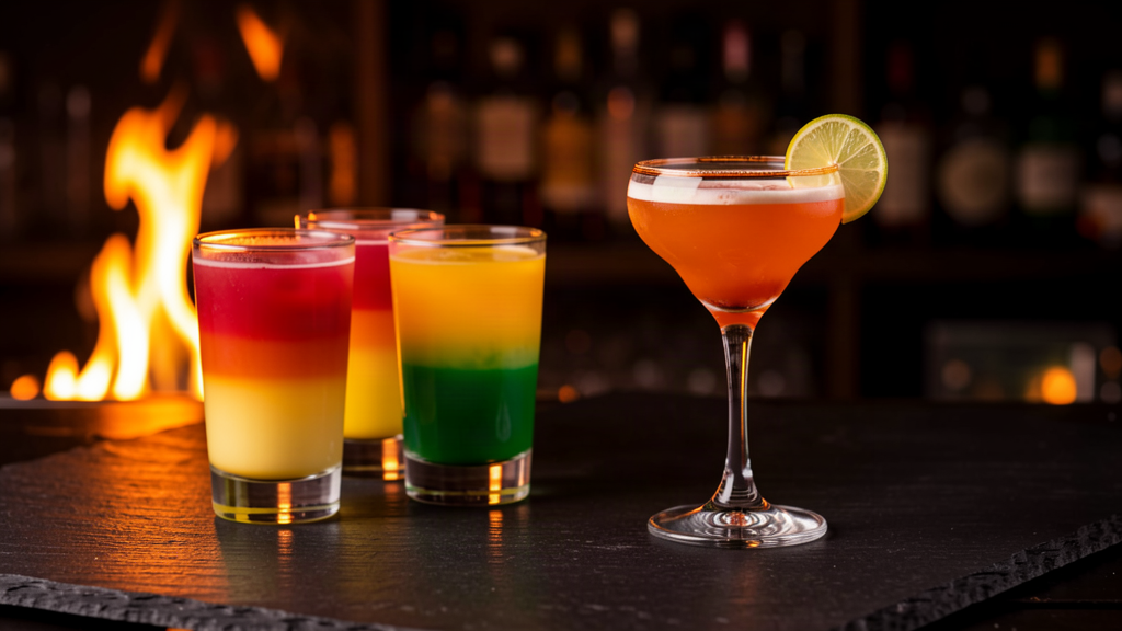 Layered shooters and a classic cocktail on a dark bar