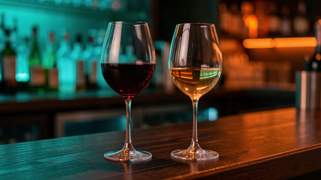 Red and white wine glasses on dark wood