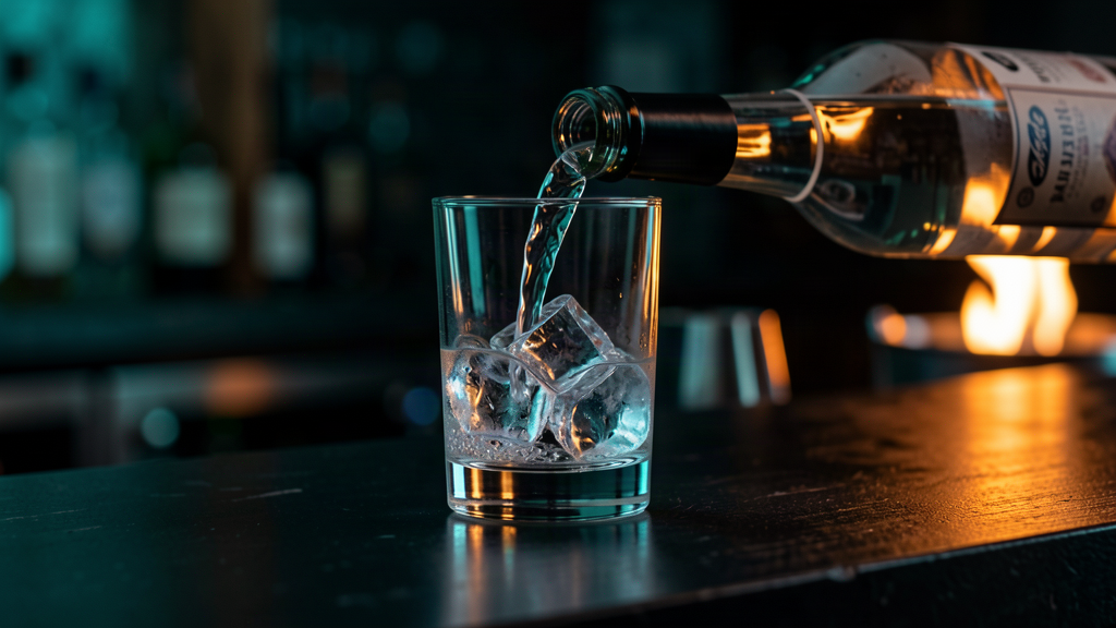 Clear spirit pour over ice on a dark bar