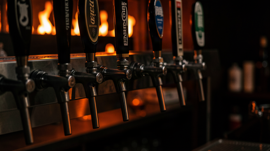 Craft beer taps on a dark bar with warm glow